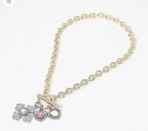 14K Gold Plated Pink Heart Pearl Accent Cross Charm Pendant Toggle Necklace thumbnail 1