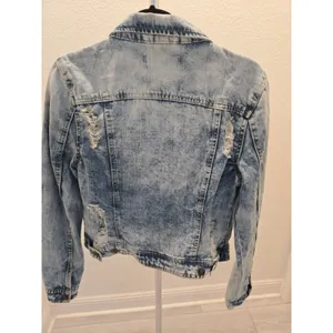 Garage Jalate XL Vintage Blue Acid Wash Distressed Denim Jacket Women Shrunken Crop thumbnail 6
