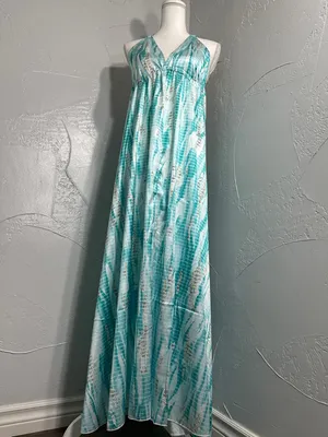 Seafoam Halter Maxi Dress - Flowing Aqua & White Print thumbnail 6