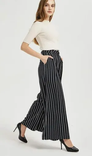 Navy gray and white pinstripe pleated palazzo wide leg trouser pants size large thumbnail 1