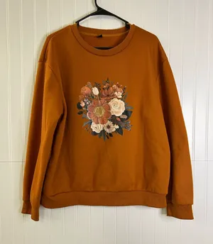 Amazon Burnt Orange Floral Graphic Crewneck Sweatshirt Size XL thumbnail 1