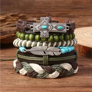 Bohemian Faux Leather Bracelet Set Cross‎ & Feather Charms Adjustable Handwoven thumbnail 4