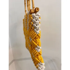 Handwoven Vintage Yellow & Cream Macramé Tote Bag with Bamboo Handles thumbnail 7
