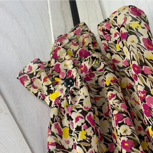 Loft Ann Taylor Ruffle Trim Tie Neck Floral‎ Chiffon Blouse Large Beige Pink thumbnail 9
