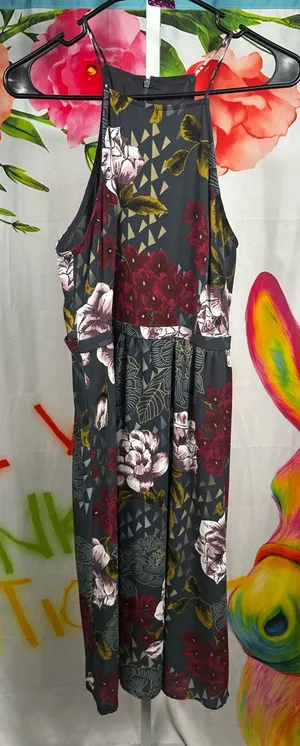 S260. Everly- Dark Floral Halter Midi Dress - Multicolor Floral Print thumbnail 1