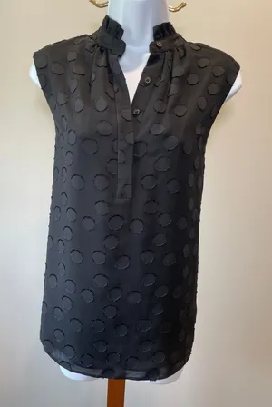 Ann Taylor Top Black Ruffle Neck Sleeveless Polka Dot Inlay Size XS thumbnail 1