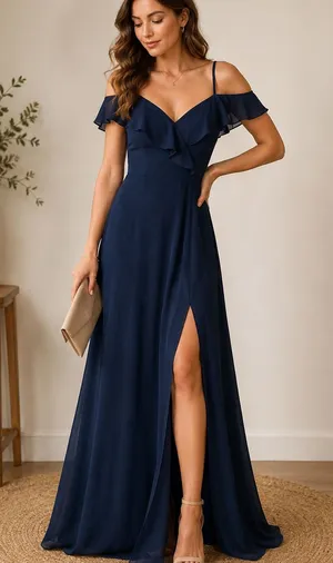 NWT JJs House Navy Blue Chiffon Off Shoulder Ruffle Front Slit Formal Maxi Dress thumbnail 1