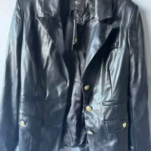 7 For All Mankind Womens Black Vegan Faux Leather Blazer Gold Buttons Size M NEW thumbnail 1
