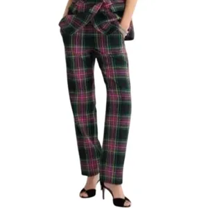 NWT J.Crew Kate Straight Leg Pants Pink Stewart‎ Tartan Plaid Wool Blend Size 0 thumbnail 2