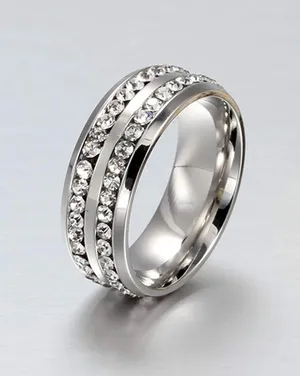 TJ Maxx 8mm Double Row Rhinestone Stainless Steel Unisex Ring Weddig Band Jewelry Size 8 thumbnail 4