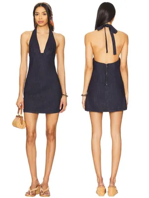 Free People Trevi Denim Mini Dress Women's Large Rinse Halter Backless Festival thumbnail 2