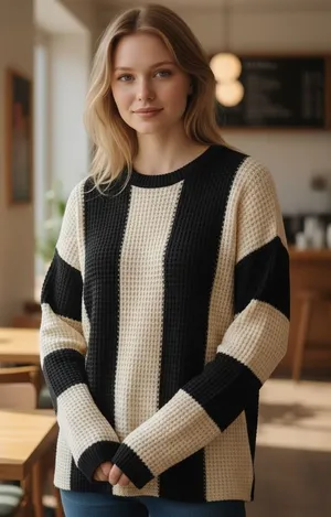 Unbranded Waffle Knit Sweater Women M Black Cream Excellent Striped Pullover thumbnail 1