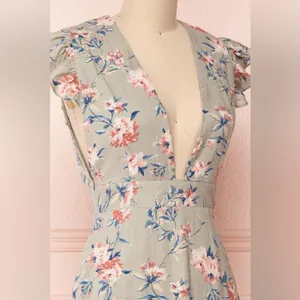 NWT Storia Linen Blend Floral Midi Dress Sage Green Pink V-Neck Size Medium thumbnail 5