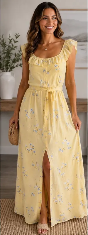 IRIS Yellow Floral Ruffle Maxi Dress Cottagecore Boho Button Front Tie Waist L thumbnail 1
