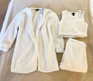 White Plush fur teddy comfy warm Lounge top pants cardigan loungewear set thumbnail 1