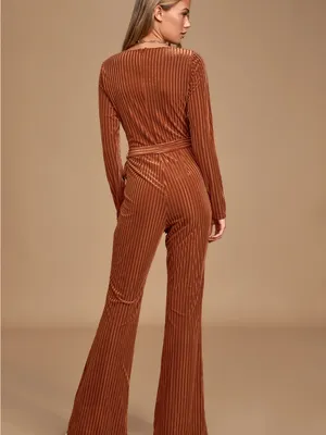 Striking a Pose Rust Orange Velvet Striped Long Sleeve Jumpsuit Size Small thumbnail 7