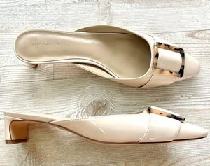 Ann Taylor Tortoiseshell Buckle Patent Leather Mule Kitten Heel Pumps | Nude 8.5 thumbnail 1