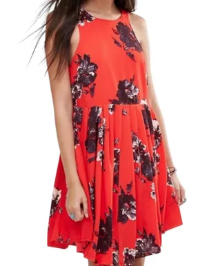 Free People Red Floral Flutterby Sleeveless Pleated Swing Dress 12 thumbnail 1
