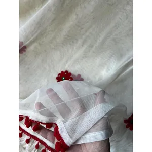 Delicate Floral Embroidered Shawl with Pom-Pom Trim thumbnail 4