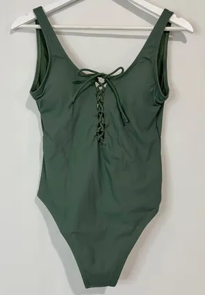Women’s Lace Up Rib One Piece Swimsuit Olive Size Medium NWT thumbnail 1