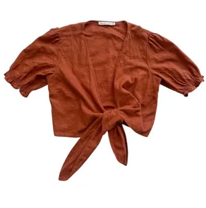 Abercrombie & Fitch Linen Blend Front Tie Cropped Top - Rust - Medium thumbnail 1