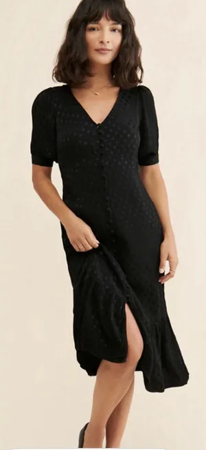 Anthropologie Maeve‎ Eudora Midi Dress in Black Swiss Dot Print Size 12 Sheer thumbnail 1