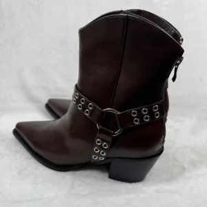 Lulus Dark‎ Brown Faux Leather Harness Western Ankle Boots Pointed Toe Zip 8 thumbnail 8