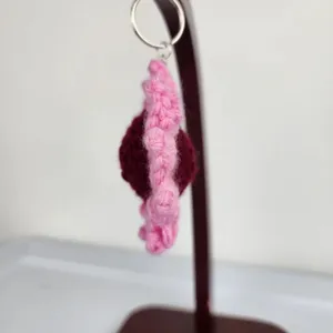 New Crochet Stuffed Keychain Burgundy Pink Flower Handmade Handcrafted thumbnail 2