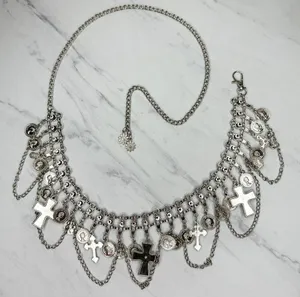 Rhinestone Cross and Coin Charm Silver Tone Metal Chain Link Belt OS One Size thumbnail 2