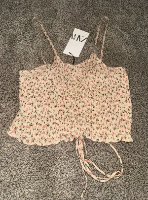 Zara Floral Print Smocked Cropped Cami Top thumbnail 1