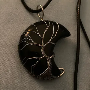 16” Black Cord Necklace Obsidian Black Moon Pemdant Silver Wrap Tree Of Life thumbnail 2