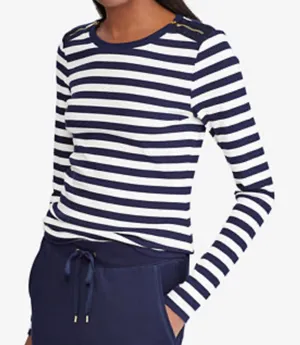 Ralph Lauren Zipper-Trim Top Navy and White Striped Long‎ Sleeve Top Sz Medium thumbnail 1