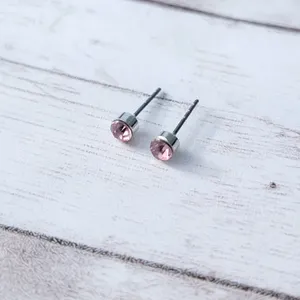 Round Pink Gem & Silver Tone Stud Earrings 1/8" Small - Fair Condition thumbnail 2