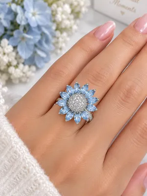 Sunflower Statement Ring Blue CZ Crystal Petals Silver Tone Size 8 NWT thumbnail 4