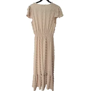 PrettyGarden Women Beige Swiss Dot Smocked Waist V-Neck Ruffle Midi Dress Medium thumbnail 3