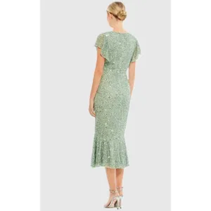 NWT $398 Mac Duggal Sequin‎ Midi Dress 2 Sage Green Flutter Sleeve Trumpet 10801 thumbnail 2