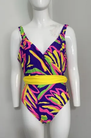 Vintage La Blanca 80s 90s One Piece Swimsuit Women’s Size 14 Neon Abstract Belt thumbnail 1