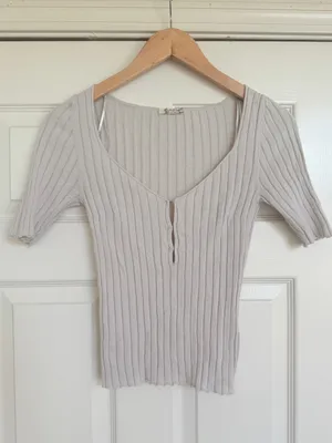 Free People Ribbed Sweetheart Cottage‎ Short Sleeve Scoop Neck Top Ivory Sand S thumbnail 2