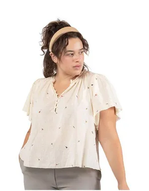 NWT Black Tape Size Printed Cotton Flutter-Sleeve Top Garden Way Off white 2X thumbnail 1