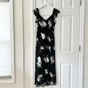 Evan Picone Black Floral 90s V Neck Flutter Sleeve Midi Sun Dress 10P Lined thumbnail 12