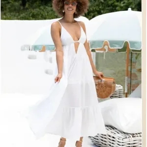 SNDYS Indigo Dress Womans XL White Maxi Plunging Neckline Summer Flowy NEW‎ thumbnail 2