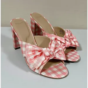 Draper James RSVP Pink White Gingham Plaid Checkered Bow Peep-Toe Open-Toe Heels Sandals Slides Shoes Size 8.5 🤍🩷 thumbnail 1