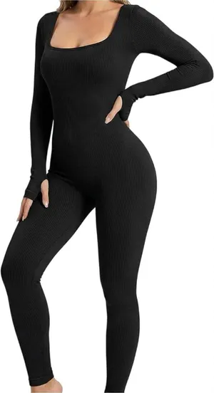 Women's Long Sleeve Ribbed Jumpsuit - Black Sz M thumbnail 1