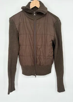 Y2K Ribbed Quilted Full Zip Jacket‎ Stand Collar Chocolate Brown Rachel Green L thumbnail 1