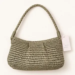 A New Day Women Olive Green Straw Crochet Shoulder Bag Baguette Zipper Closure thumbnail 4