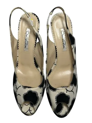Oscar de la Renta Women’s 37.5 7.5 Black Cream Floral Slingback Platform Wedges thumbnail 4