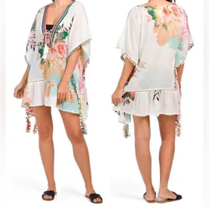 Z&L Europe Floral Textured Pom-Pom Open Front Pattern Airy Caftan Cover Up Sz L thumbnail 7