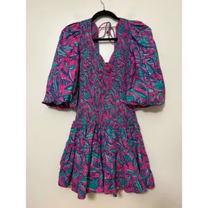 Love The Label Pink Teal‎ Paisley Smocked Puff Sleeve Tiered Mini Dress XS thumbnail 2