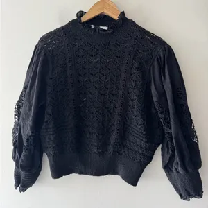 Zara Black Crochet Lace Puff Sleeve Cropped Sweater‎ Boho Top Victorian thumbnail 1