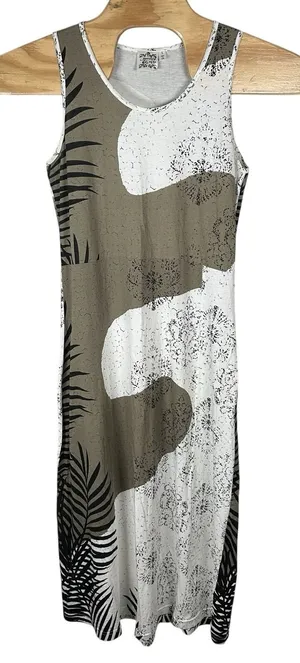 Parsley & Sage Cotton Stretch Midi Dress Womens Small Sleeveless Green‎ Palm Art thumbnail 1
